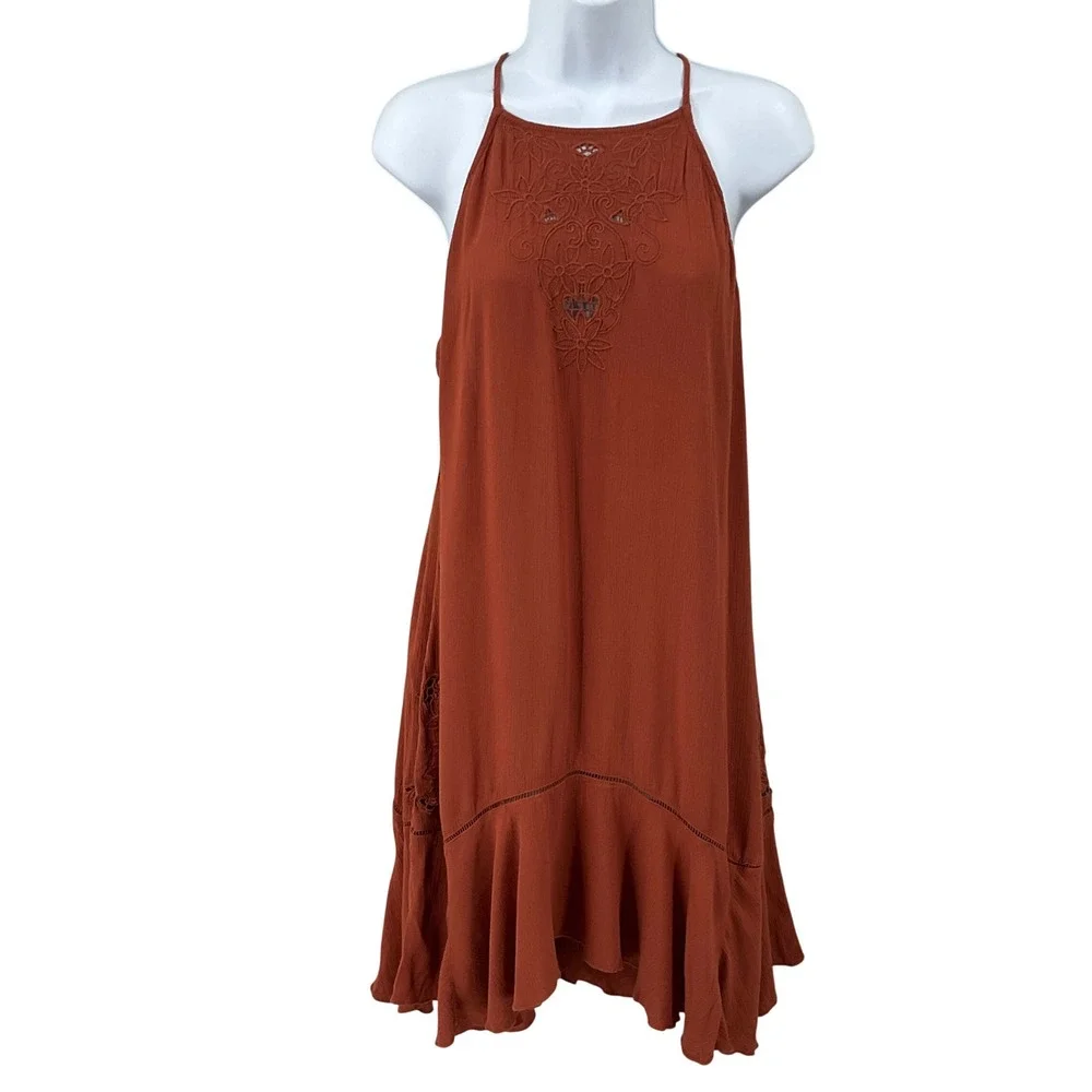 Free People Mini Dress Womens L Rust Orange Boho Embroidered Ruffle Trapeze Airy